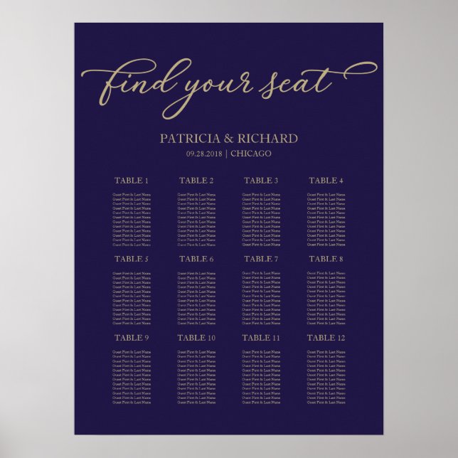 12 Tische Hochzeitstisch Plan Chic Gold Navy Blue Poster (Vorne)