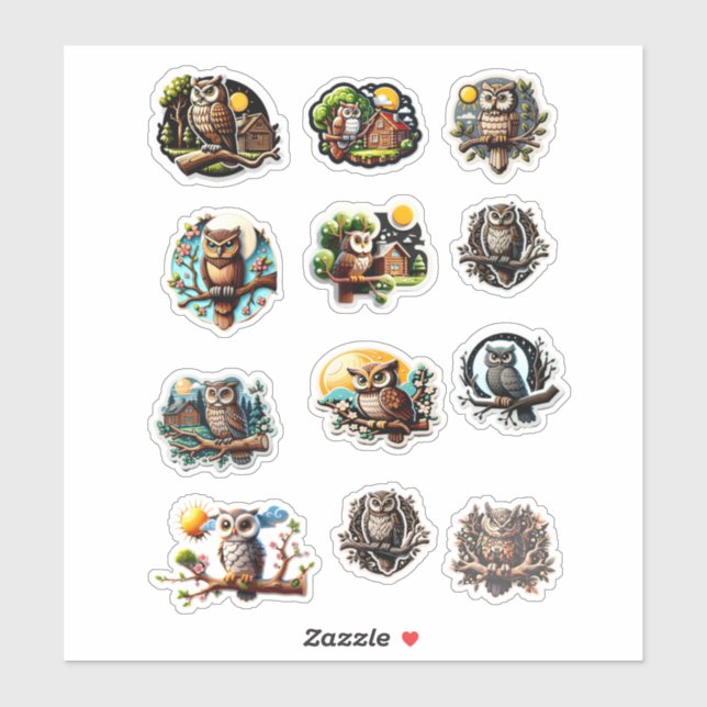 12 verschiedene Aufkleber für Eule (Blatt)