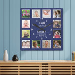 12 Vorlagenzeit mit Familiensatz blau Quadratische Wanduhr<br><div class="desc">Individuelle Foto-Uhr mit inspirierend Familienausdruck "Zeit mit der Familie ist jede Sekunde wert". Personalisieren Sie mit 12 Ihrer Lieblings-Fotos.</div>