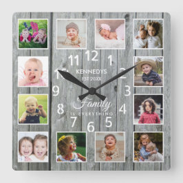 12 Zitat der Fotocollage Familienname Grau Wood Quadratische Wanduhr