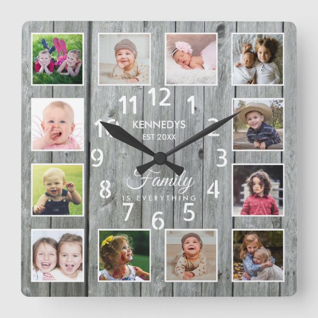 12 Zitat der Fotocollage Familienname Grau Wood Quadratische Wanduhr (Vorderseite)