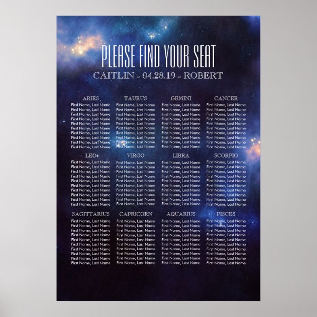 12 Zodiac - Zeichen | Konstellationstabelle Poster (Vorne)