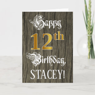12th Birthday: Faux Gold Look + Faux Wood Pattern Karte