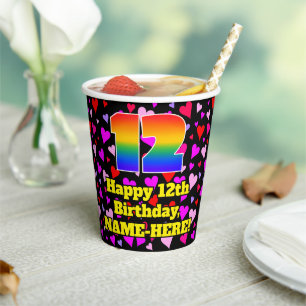 12th Birthday: Loving Hearts Pattern, Rainbow 12 Pappbecher