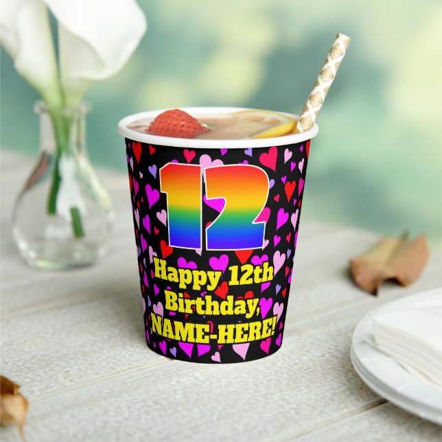 12th Birthday: Loving Hearts Pattern, Rainbow 12 Pappbecher (In Situ)
