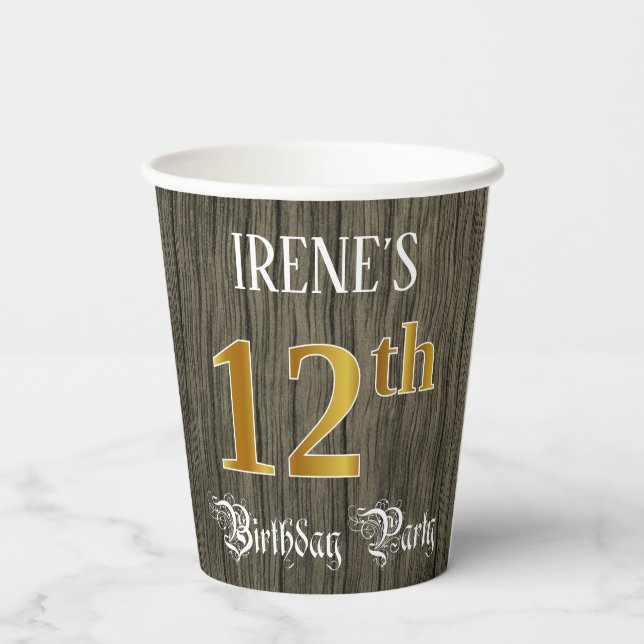 12th Birthday Party — Faux Gold & Faux Wood Looks Pappbecher (Rückseite)
