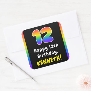 12th Birthday: Rainbow Spectrum # 12, Custom Name Quadratischer Aufkleber