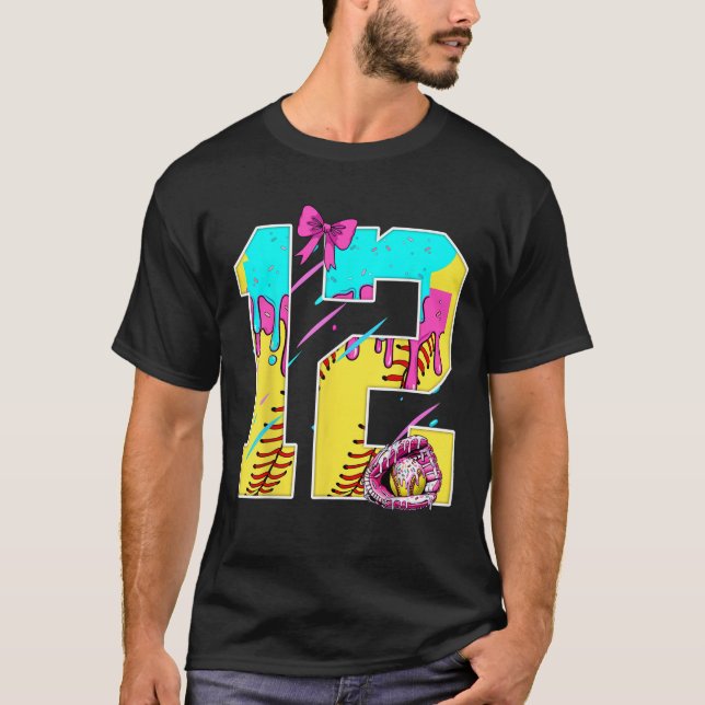 12th Birthday Softball Ice Cream Drip Bow 12 Years T-Shirt (Vorderseite)