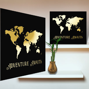 12x12 Black GOLD World Map Adventure Awarits Trave Foliendrucke