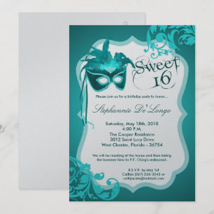 12x18 Aquamarin Masquerade Maske 16 Geburtstagsein Einladung
