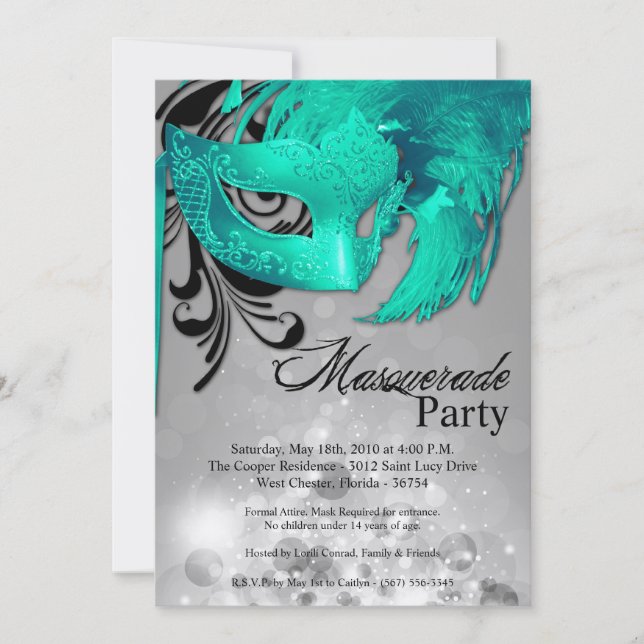 12x18 Aquamarin Masquerade Sweet 16 Geburtstag Ein Einladung (Vorderseite)