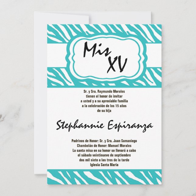 12x18 Aquamarin Zebra Print Quinceanera 15 Einladu Einladung (Vorderseite)