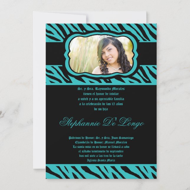 12x18 Aquamarin Zebra Print Quinceanera Einladung (Vorderseite)