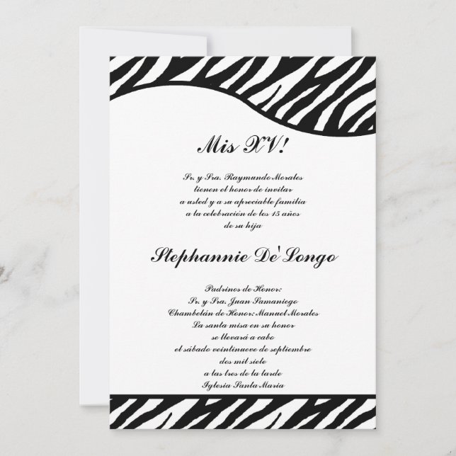 12x18 Black and White Zebra Quinceanera Party Einl Einladung (Vorderseite)