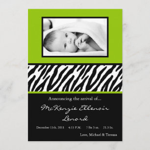 12x18 Black LimeGreen Zebra FOTO Geburtsankündigun Ankündigung