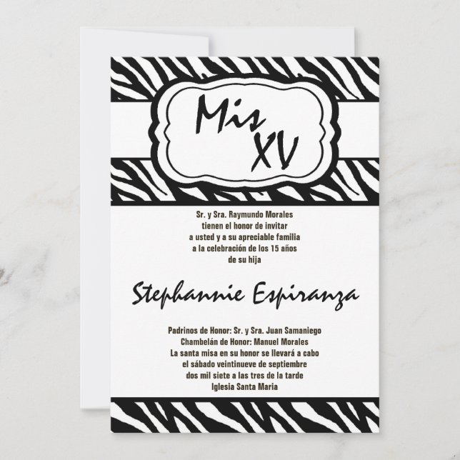 12x18 Black Zebra Print Quinceanera 15 Einladung (Vorderseite)