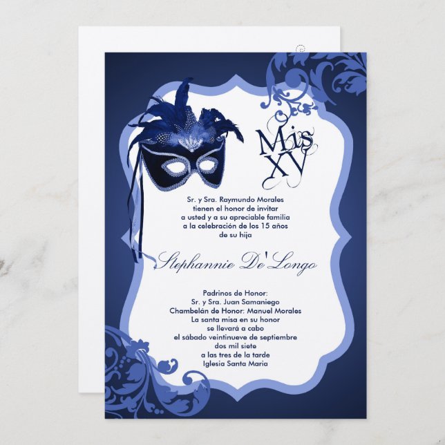 12x18 blaue Maskerade-Maske Quinceanera Einladung (Vorne/Hinten)