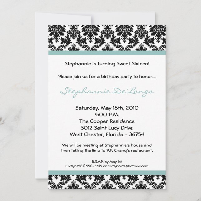12x18 Blue Damask Geburtstagsparty Einladung (Vorderseite)