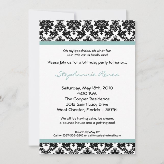 12x18 Blue Damask Geburtstagsparty Einladung (Vorderseite)