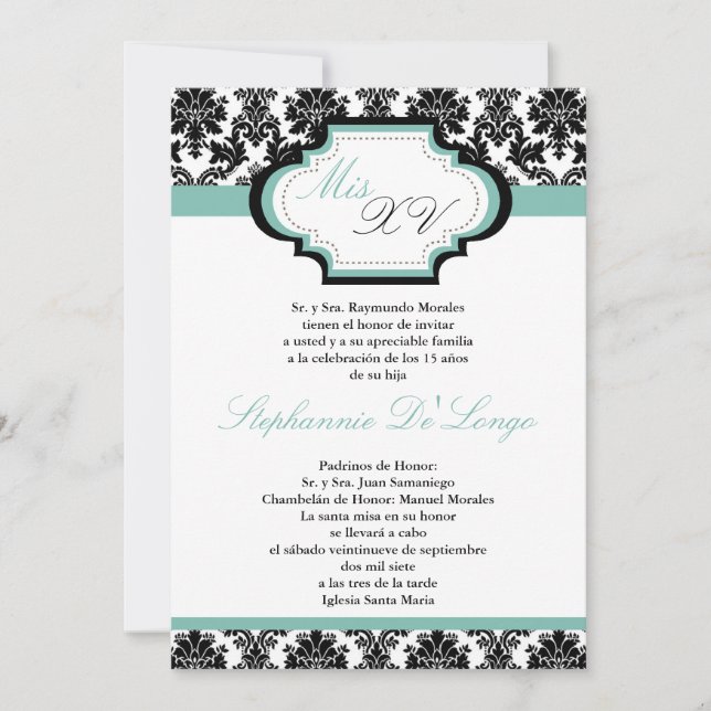 12x18 Blue Damask Quinceanera Einladung (Vorderseite)