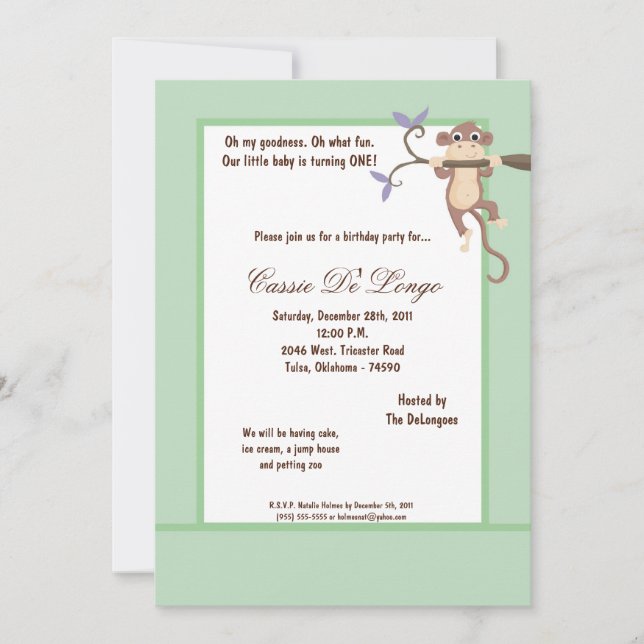 12x18 Blue Green Monkey Geburtstagsparty Einladung (Vorderseite)