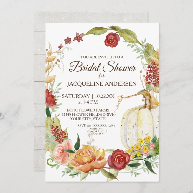 12x18 Brautparty Fall Blumenreath White Pumpkin Einladung (Vorne/Hinten)