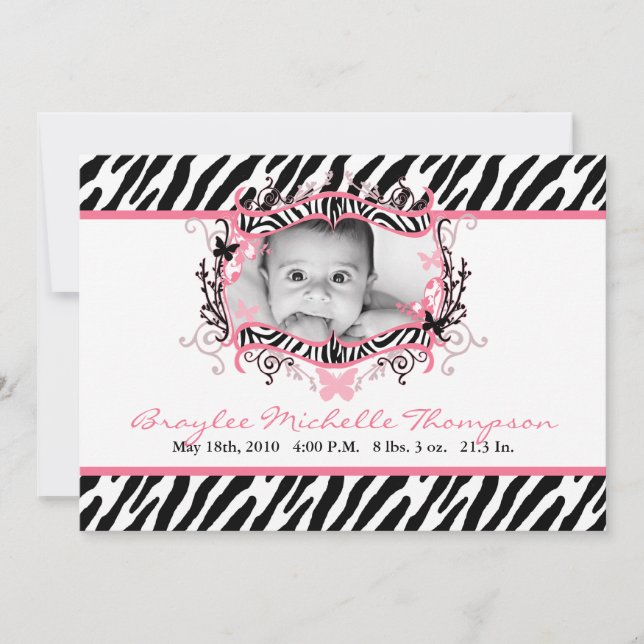 12x18 Butterfly Zebra Print Foto Geburtsankündigun Ankündigung (Vorderseite)