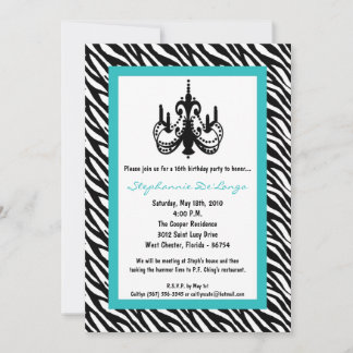 12x18 Chandelier Aquamarin Zebra 16. Geburtstag Ei Einladung