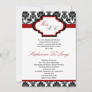 12x18 Crimson Red Damask Quinceanera Einladung