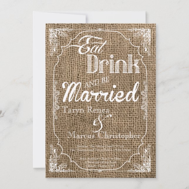 12x18 Eat Drink Verheiratet Burlap Hochzeit Einlad Einladung (Vorderseite)