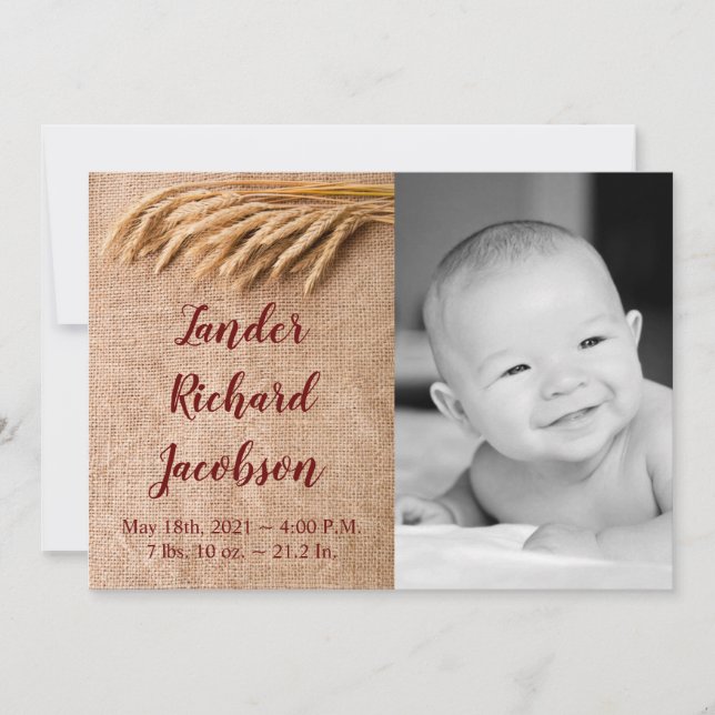12x18 Foto Birth Announcement Army Wheat on Burlap Ankündigung (Vorderseite)