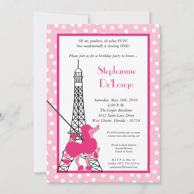 12x18 Girl Pink Poodle Paris Birthday Par Einladun Einladung (Vorderseite)