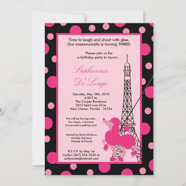 12x18 Girl Pink Poodle Paris Birthday Par Einladun Einladung (Vorderseite)