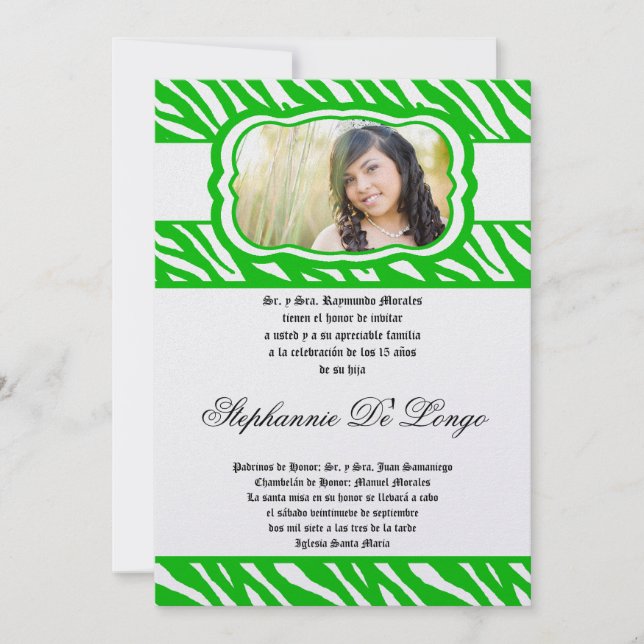 12x18 Gree Zebra-Druck-Rüttler Quinceanera Einladung (Vorderseite)