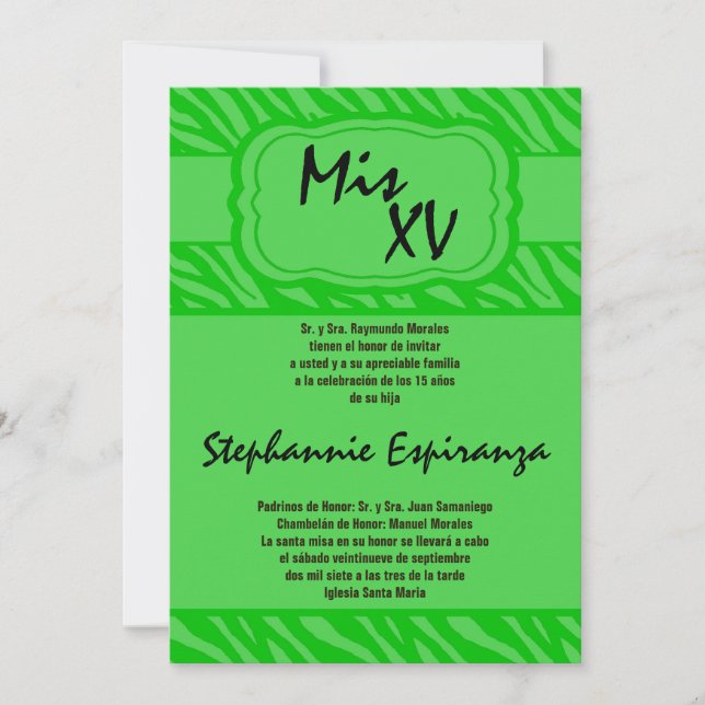 12x18 Green Zebra Print Quinceanera 15 Einladung (Vorderseite)