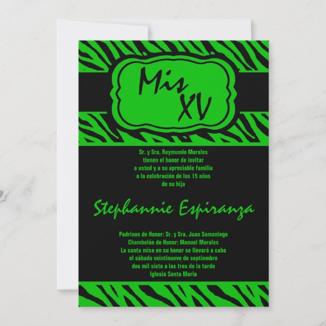 12x18 Green Zebra Print Quinceanera 15 Einladung (Vorderseite)