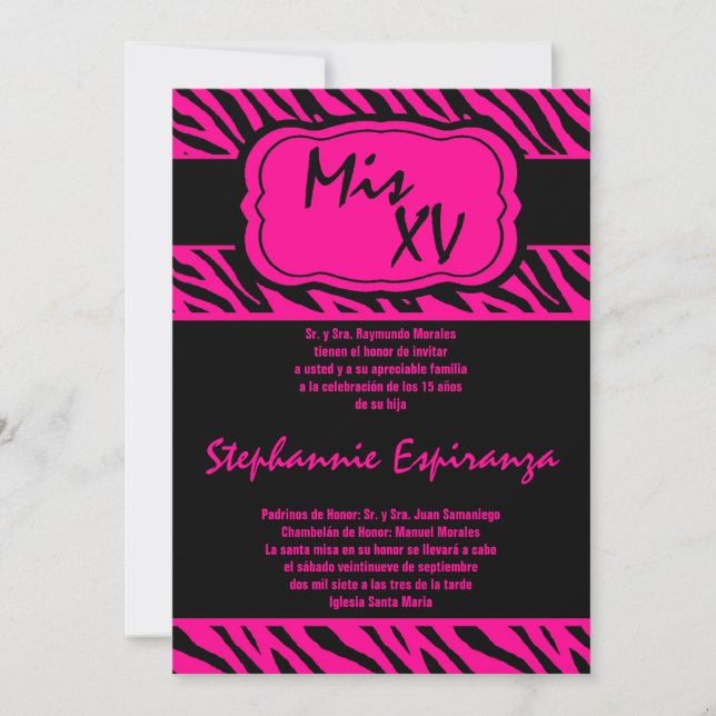 12x18 Hot Pink Zebra Print Quinceanera 15 Einladun Einladung (Vorderseite)