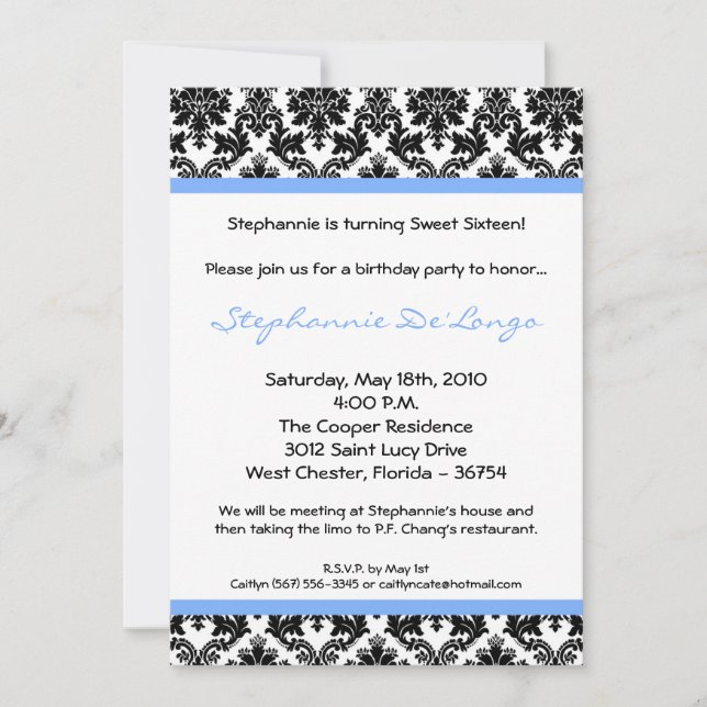 12x18 Light Blue Damask Geburtstagsparty Einladung (Vorderseite)