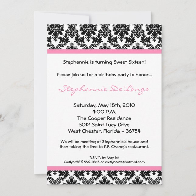12x18 Light Pink Damask Geburtstagsparty Einladung (Vorderseite)