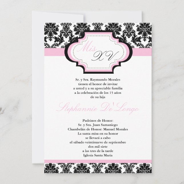 12x18 Light Pink Damask Quinceanera Einladung (Vorderseite)