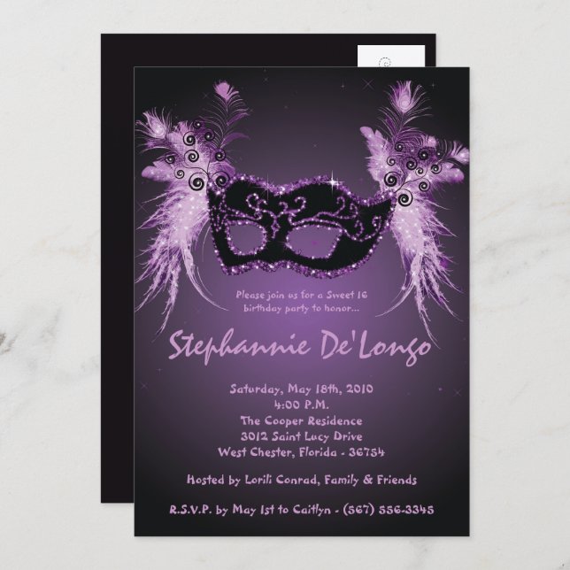 12x18 lila Maskerade-Bonbon 16 Einladung (Vorne/Hinten)