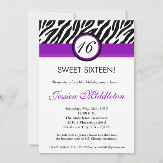 12x18 Lila Zebra Print 16. Geburtstag Einladung