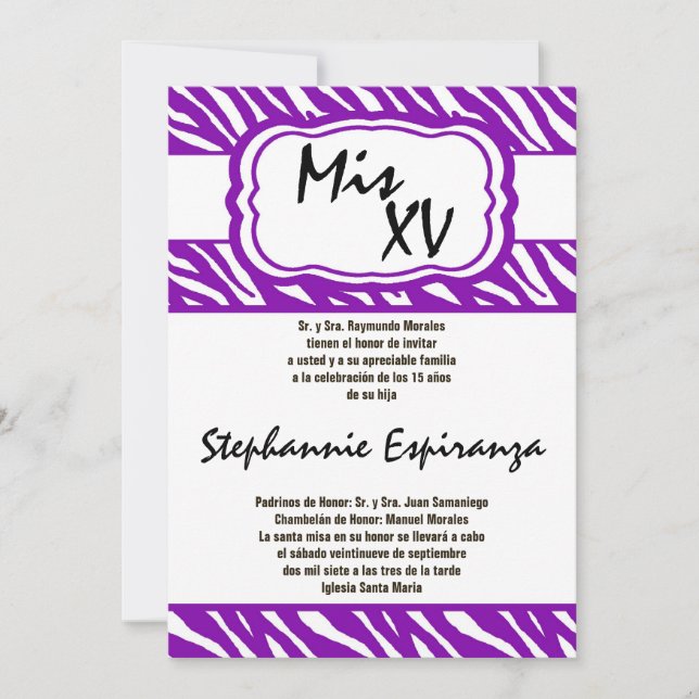 12x18 Lila Zebra Print Quinceanera 15 Einladung (Vorderseite)
