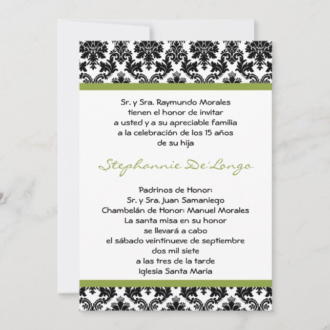 12x18 Lime Green Damask Quinceanera Einladung (Vorderseite)