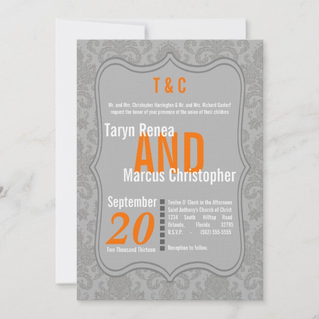 12x18 Modern Gray Damask Orange Wedding Einladung (Vorderseite)