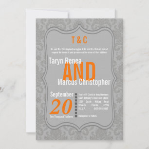 12x18 Modern Gray Damask Orange Wedding Einladung