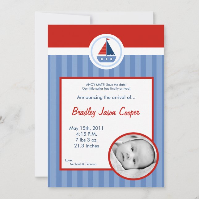 12x18 Nautical Sail Boat FOTO Geburtsankündigung Ankündigung (Vorderseite)