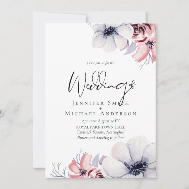 12x18 Navy Blue Coral Floral Script Hochzeit Set (Vorderseite)