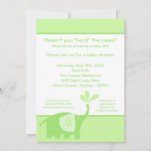 12x18 Niedlich Green Elephant Baby Dusche Einladun Einladung (Vorderseite)