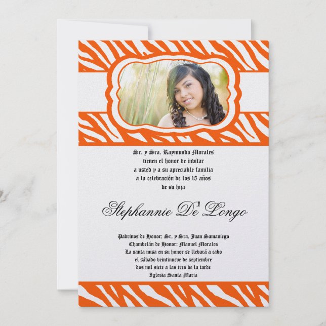 12x18 Oran Zebra Print Patter Quinceanera Einladun Einladung (Vorderseite)